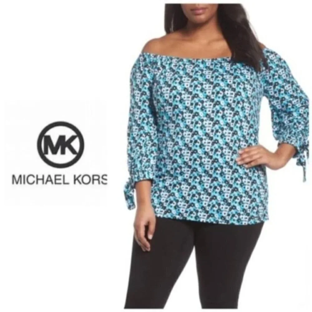 Michael Kors Womens Blue White Floral Off the Shoulder Top Plus Sz 0X New